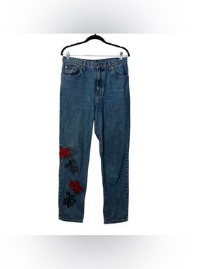 Calvin Klein 90s High Rise Jeans with Red & Black Floral Appliqué - Blue Denim